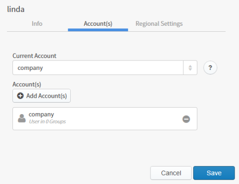 Select the accounts to which a user belongs, and define a current account for the user