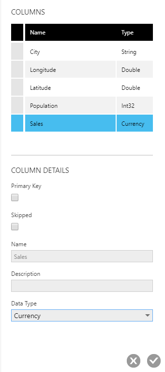 Define column details