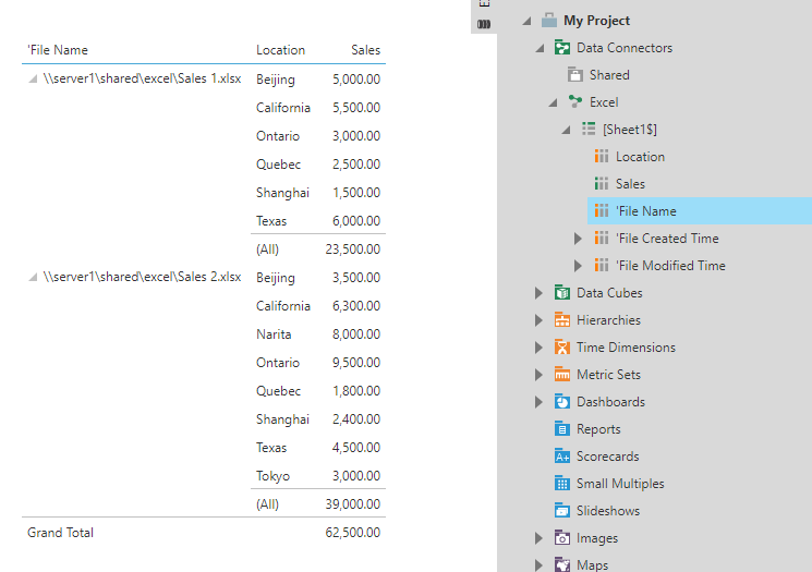 Visualizing combined data including file name