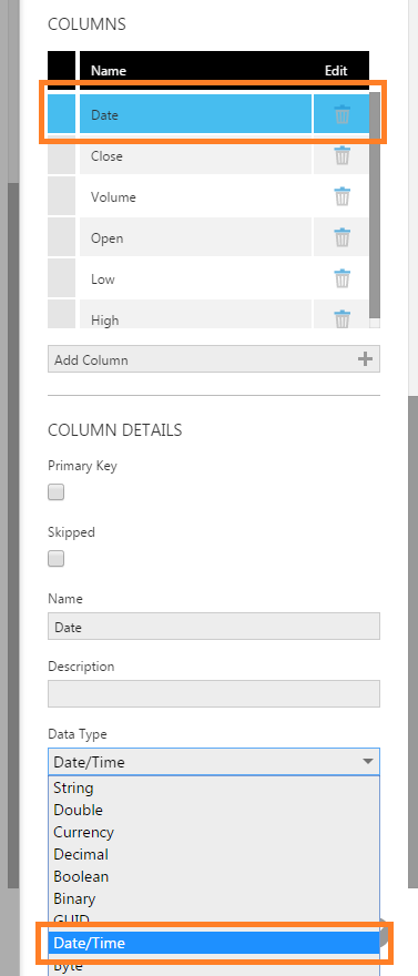 Define column details