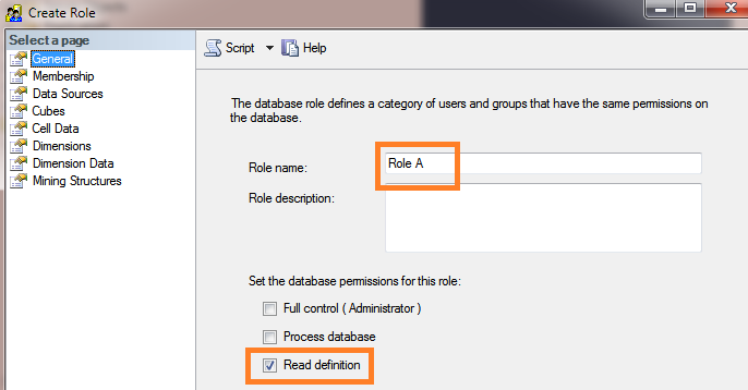 Set the name and database permission for Role A