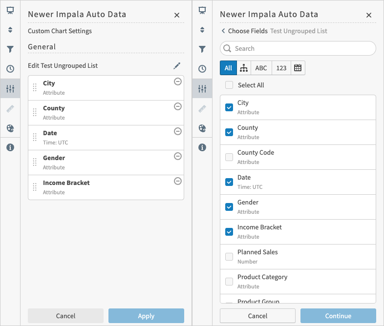 custom chart settings sidebar ungrouped list