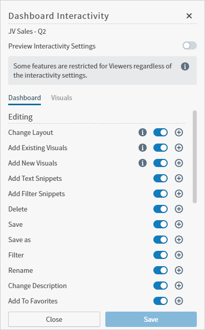 Adjust interactivity settings for a dashboard and its visuals here