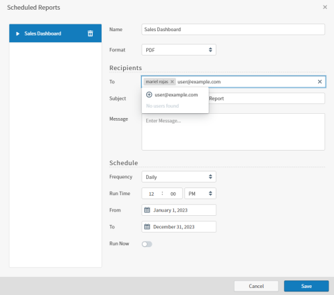 Use this work area to schedule dashboar reports