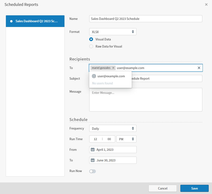 Use this dialog box to schedule reports for you and other users.