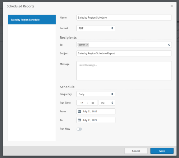 Use this dialog box to schedule reports for you and other users.