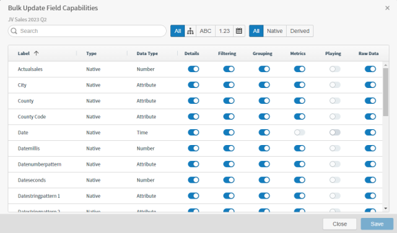 search and filter your fields, then enable or disable options as needed, including Details, Filtering, Grouping, Metrics, Playing, and Raw Data