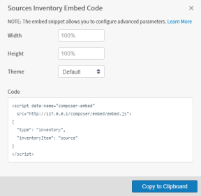 adjust and copy the embed code for your sources inventory