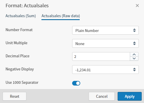 select formatting options in the format work area for raw or aggregated numbers